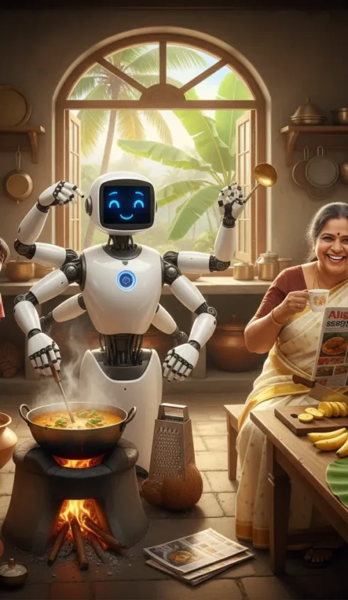 “A Malayali office team using artificial intelligence to simplify work, showing the benefits and future of AI in Kerala for 2025.”