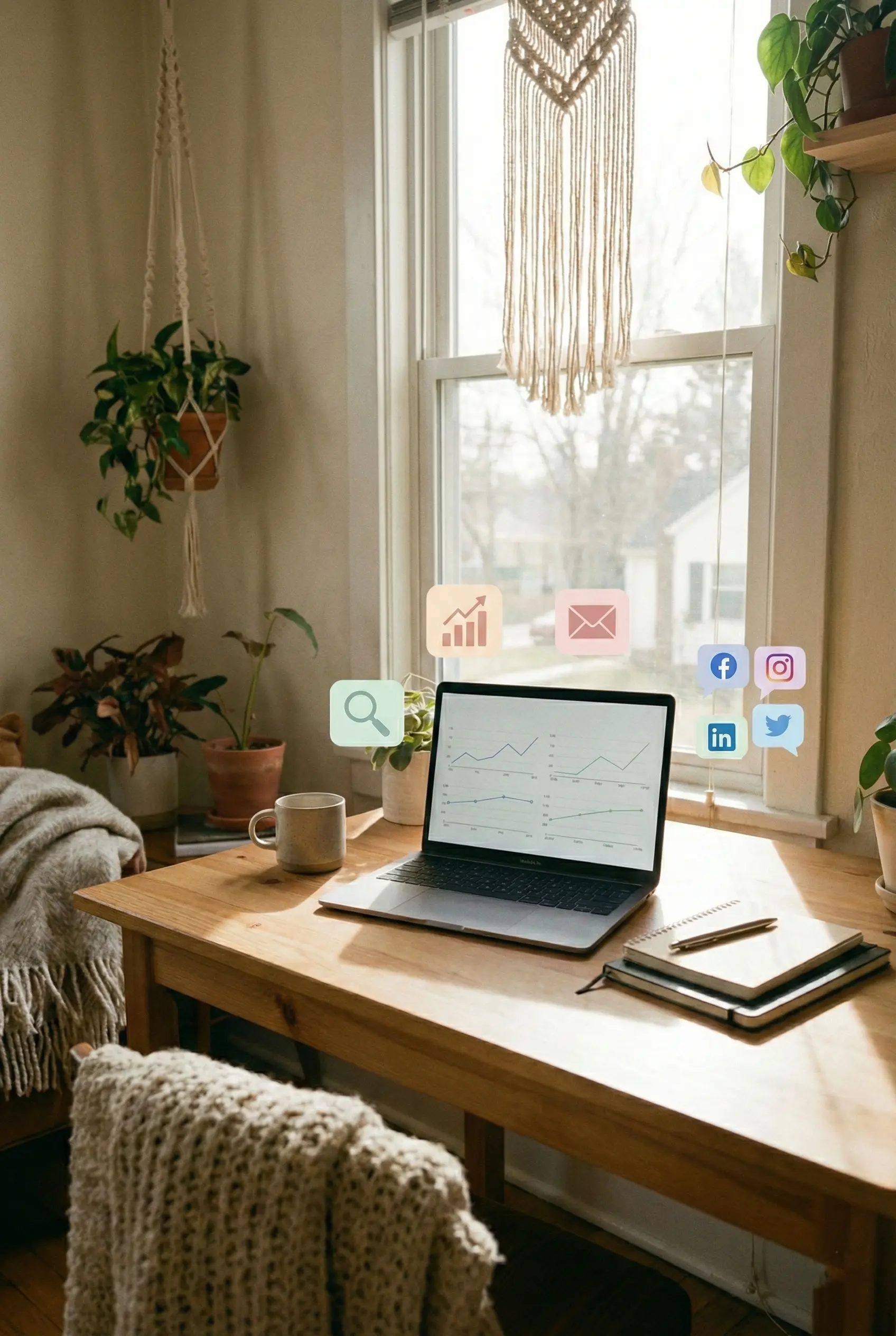 laptop on a cozy desk showing simple digital marketing charts with soft icons for search, email and social media floating around, symbolizing an easy beginner friendly approach to digital marketing laptop on a cozy desk showing simple digital marketing charts with soft icons for search, email and social media floating around, symbolizing an easy, beginner-friendly approach to digital marketing