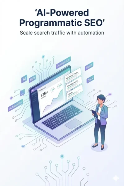 How AI automation helps scale SEO efficiently Illustration showing AI-powered programmatic SEO using automation and data to scale organic search traffic
