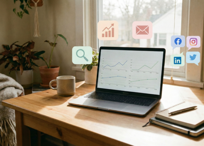 laptop on a cozy desk showing simple digital marketing charts with soft icons for search, email and social media floating around, symbolizing an easy beginner friendly approach to digital marketing