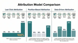 Digital marketing attribution model comparison showing last click, position based, and data driven attribution across display ads, organic search, email, paid search, and direct visits.