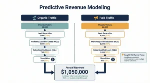 Predictive revenue modeling diagram comparing organic and paid traffic funnels from website visitors to leads, qualified leads, closed deals, and total annual revenue.