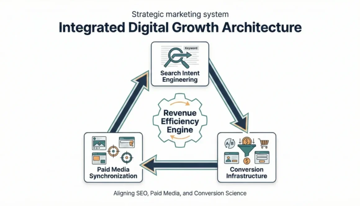 Strategic digital marketing growth architecture showing search intent engineering, paid media synchronization, and conversion infrastructure forming a revenue efficiency engine.