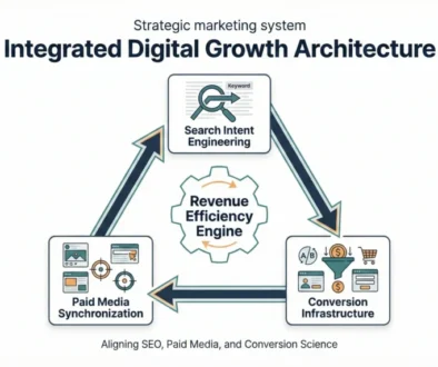 Strategic digital marketing growth architecture showing search intent engineering, paid media synchronization, and conversion infrastructure forming a revenue efficiency engine.