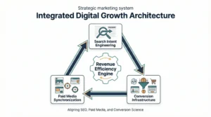 Strategic digital marketing growth architecture showing search intent engineering, paid media synchronization, and conversion infrastructure forming a revenue efficiency engine.