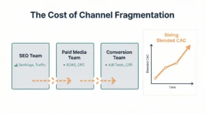 Strategic marketing diagram showing SEO, paid media, and conversion teams working in silos leading to rising blended CAC over time.