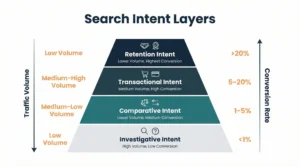 Search intent pyramid showing investigative, comparative, transactional, and retention intent layers with increasing conversion rates and decreasing search volume.