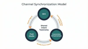 Digital marketing channel synchronization model showing SEO, paid media, and conversion infrastructure connected through shared search intent and feedback signals.