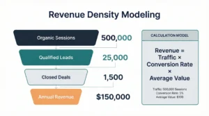 Digital marketing revenue funnel showing organic sessions converting to qualified leads, closed deals, and annual revenue using traffic, conversion rate, and average value model.