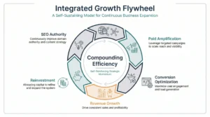 Integrated growth flywheel diagram showing SEO authority, paid amplification, conversion optimization, revenue growth, and reinvestment driving compounding marketing efficiency.