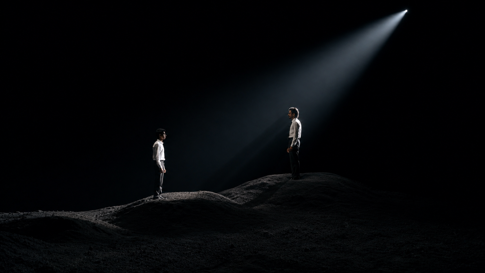 Reference still — wide shot showing both figures facing each other
