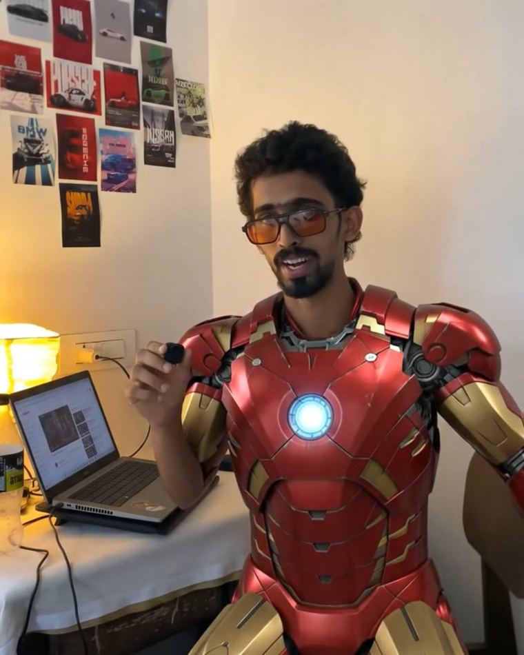 Gaznil wearing a body-tracked red and gold Iron Man suit generated by Gemini AI