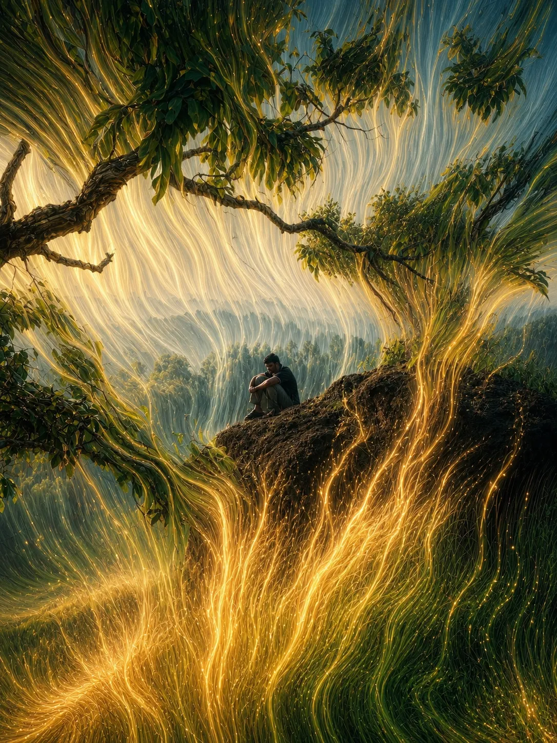 Pixel-stretch AI artwork The Ascent: golden grass unravels into rising threads of light climbing past a man sitting still on a dark rock