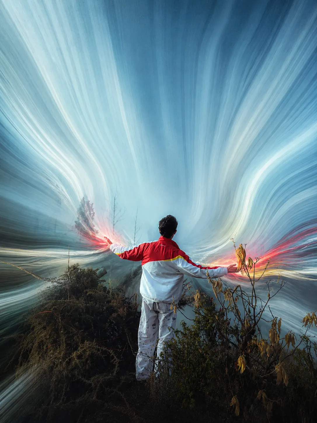 Pixel stretch AI edit The Burst: the misty landscape streams outward from a man's open hands in silky radial ribbons of light