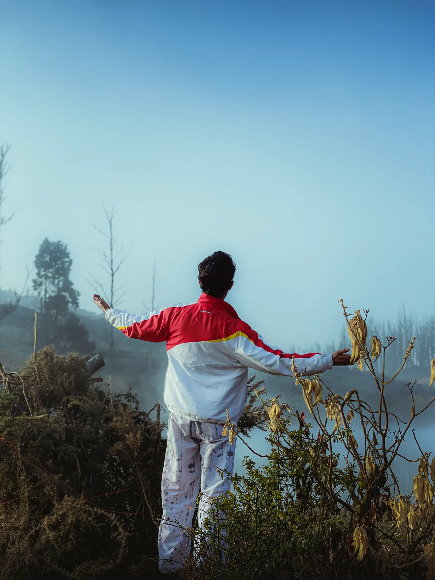 Original phone photo before the pixel stretch edit: a man in a red and white jacket with open arms on a foggy hillside under a blue sky