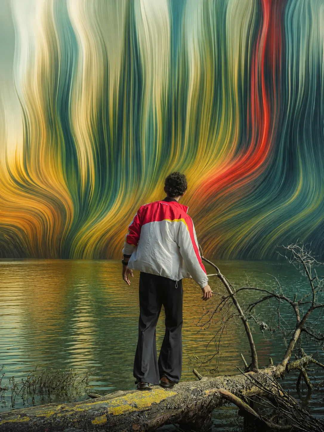 Pixel stretch AI edit The Curtain: everything behind the man melts into a vertical curtain of flowing green, gold and red color while the log stays sharp