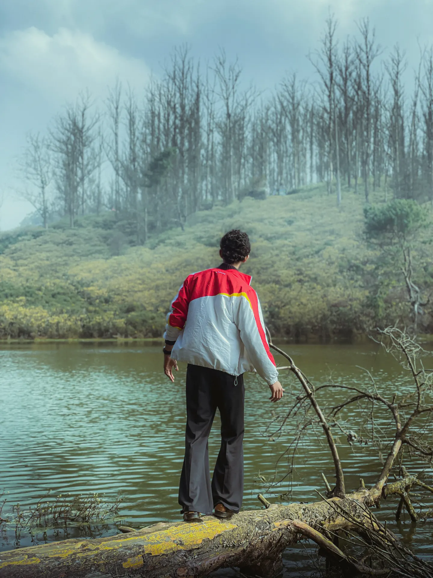 Original phone photo before the pixel stretch edit: a man standing on a fallen log over a lake with a misty treeline behind him
