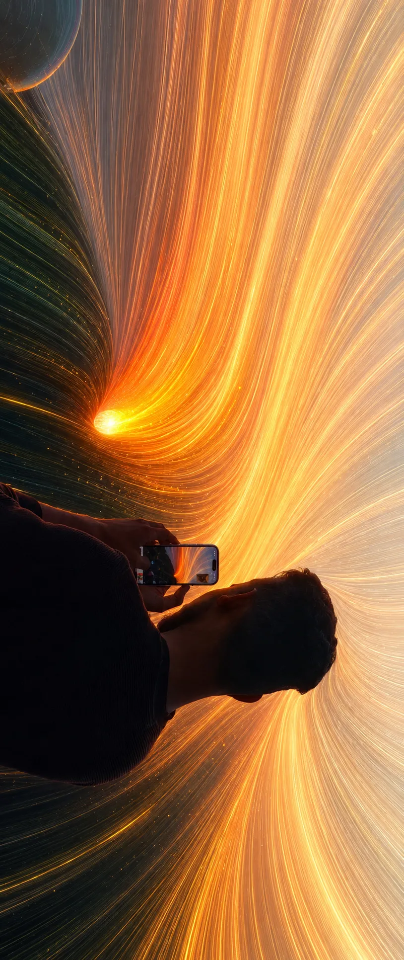 Pixel-stretch AI artwork The Escape: a sunset streams away in diagonal golden fibers while the tiny sunset captured on a phone screen stays perfectly still