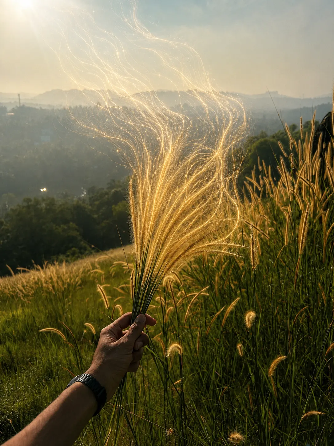 Pixel stretch AI edit The Silk: backlit grass plumes dissolving upward into silky strands of golden light above a hand