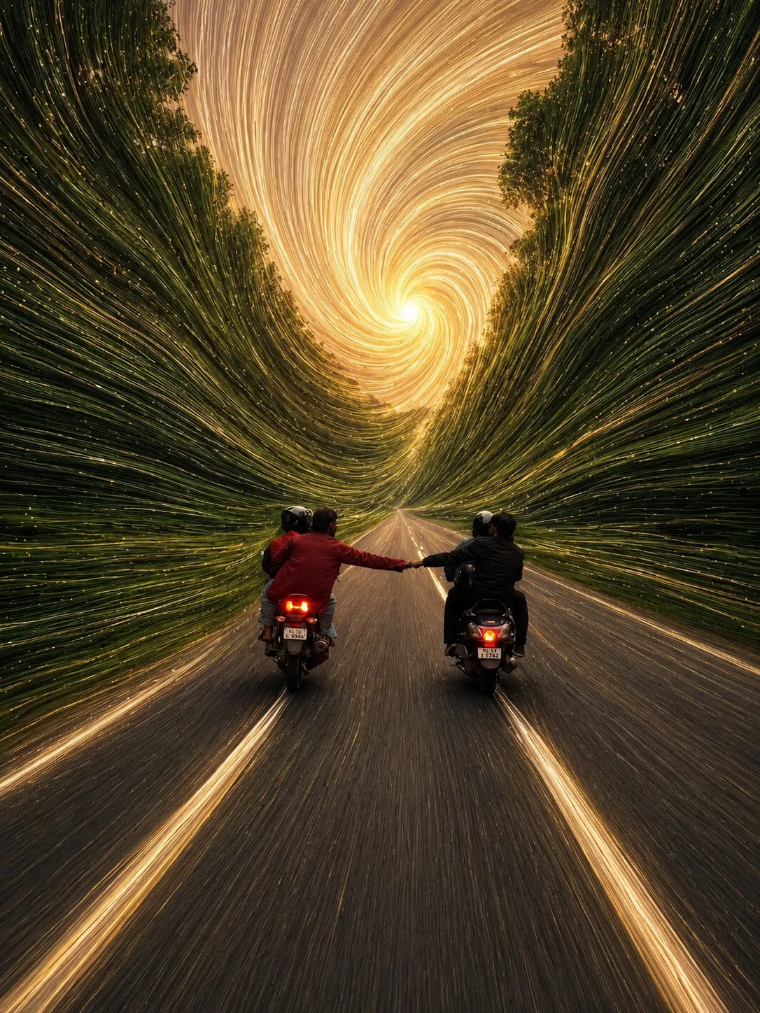 Pixel-stretch AI artwork The Spiral: a forest road corridor is drawn into a slow golden spiral around the sun above two scooter riders holding hands
