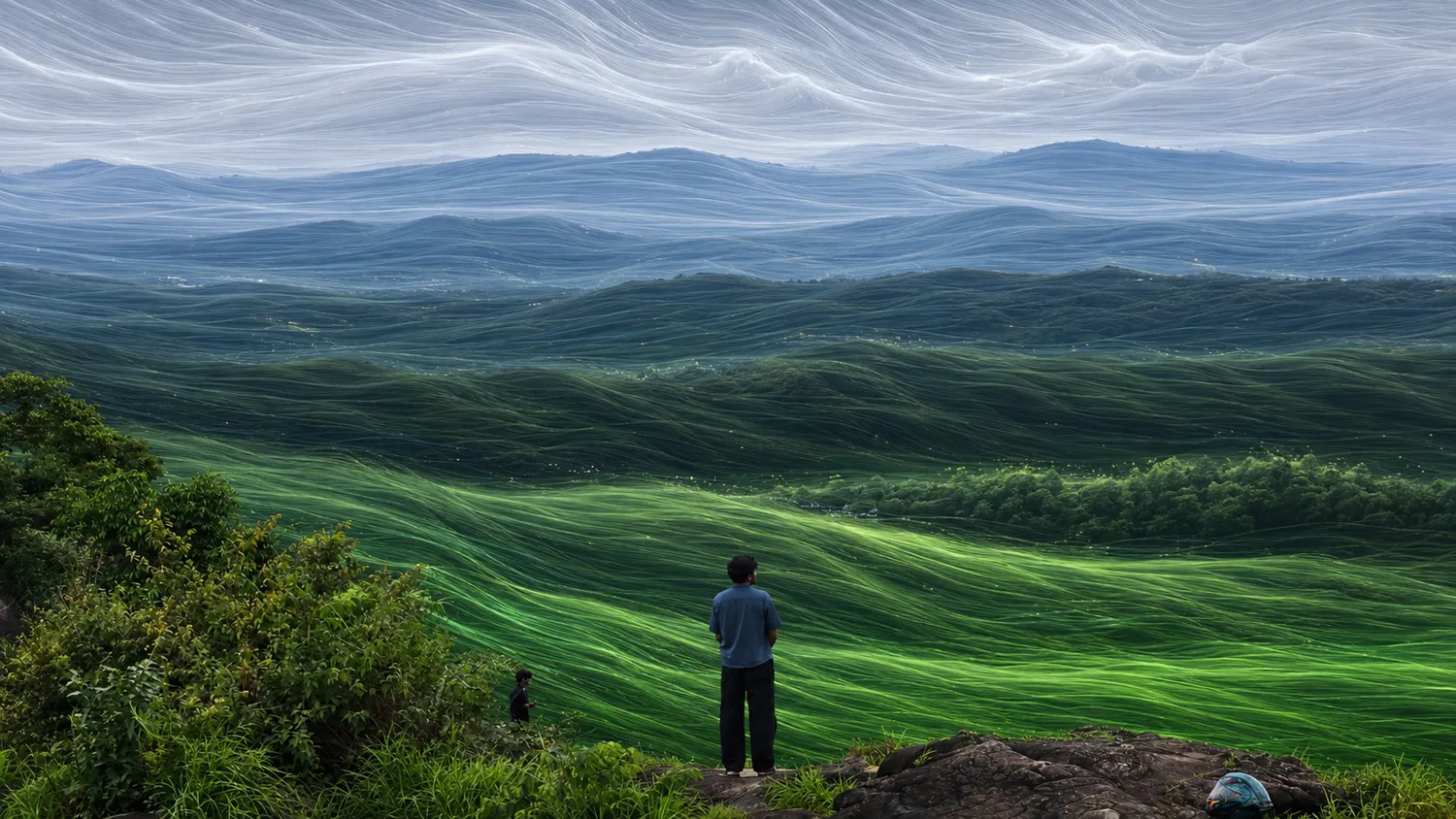Pixel-stretch AI artwork The Strata: a valley separates into five stacked horizontal currents of fiber moving at different speeds past a man on a cliff edge