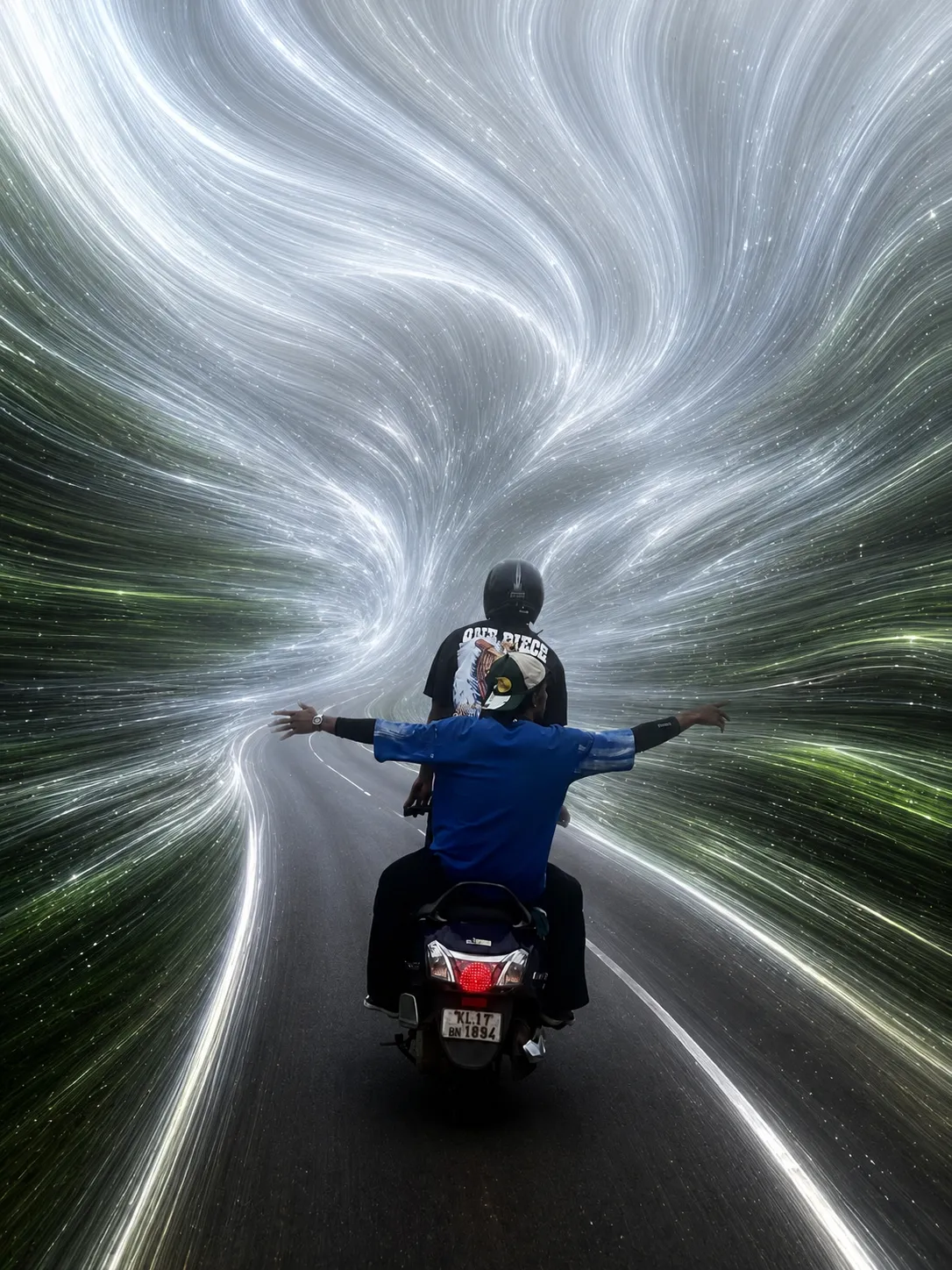 Pixel-stretch AI artwork The Tunnel: fog and forest liquefy into a rushing silver fiber tunnel around two friends riding a scooter with arms wide