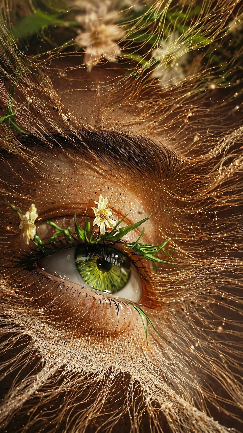 The Fiber Codex — eye unravelling into coloured fibre strands, AI pixel-stretch artwork