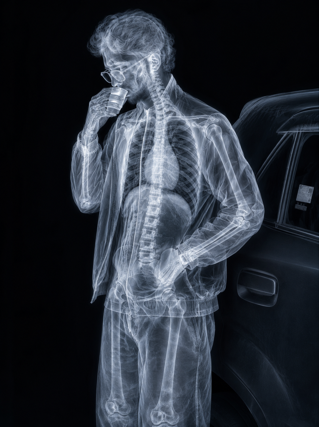 Result of the ChatGPT /xray command showing a person rendered as a translucent x-ray with visible skeleton