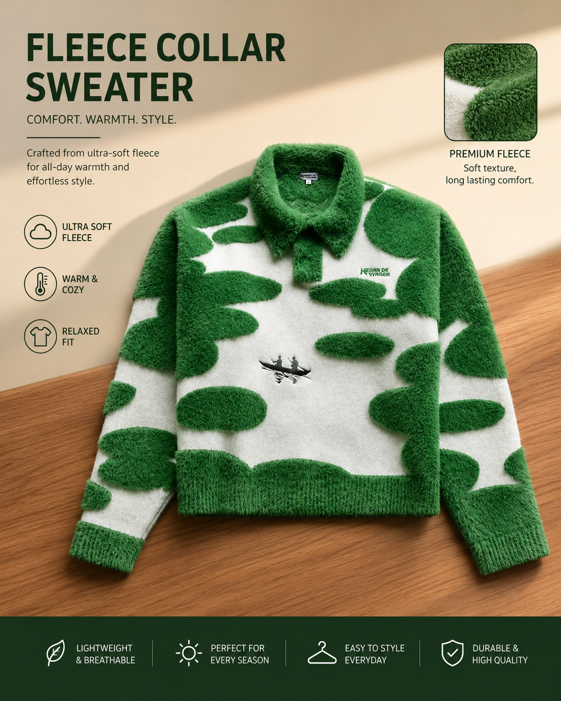 Green fleece collar sweater laid out as a labelled feature infographic, generated with the ChatGPT /giantproduct command