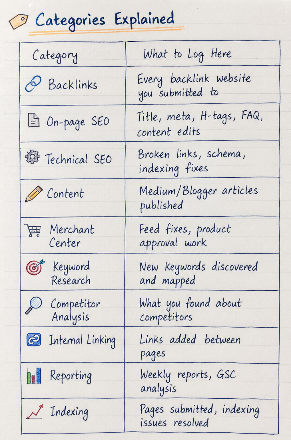 Result of the ChatGPT /handwritten command converting a plain SEO categories table into realistic handwritten notes with icons and highlighting