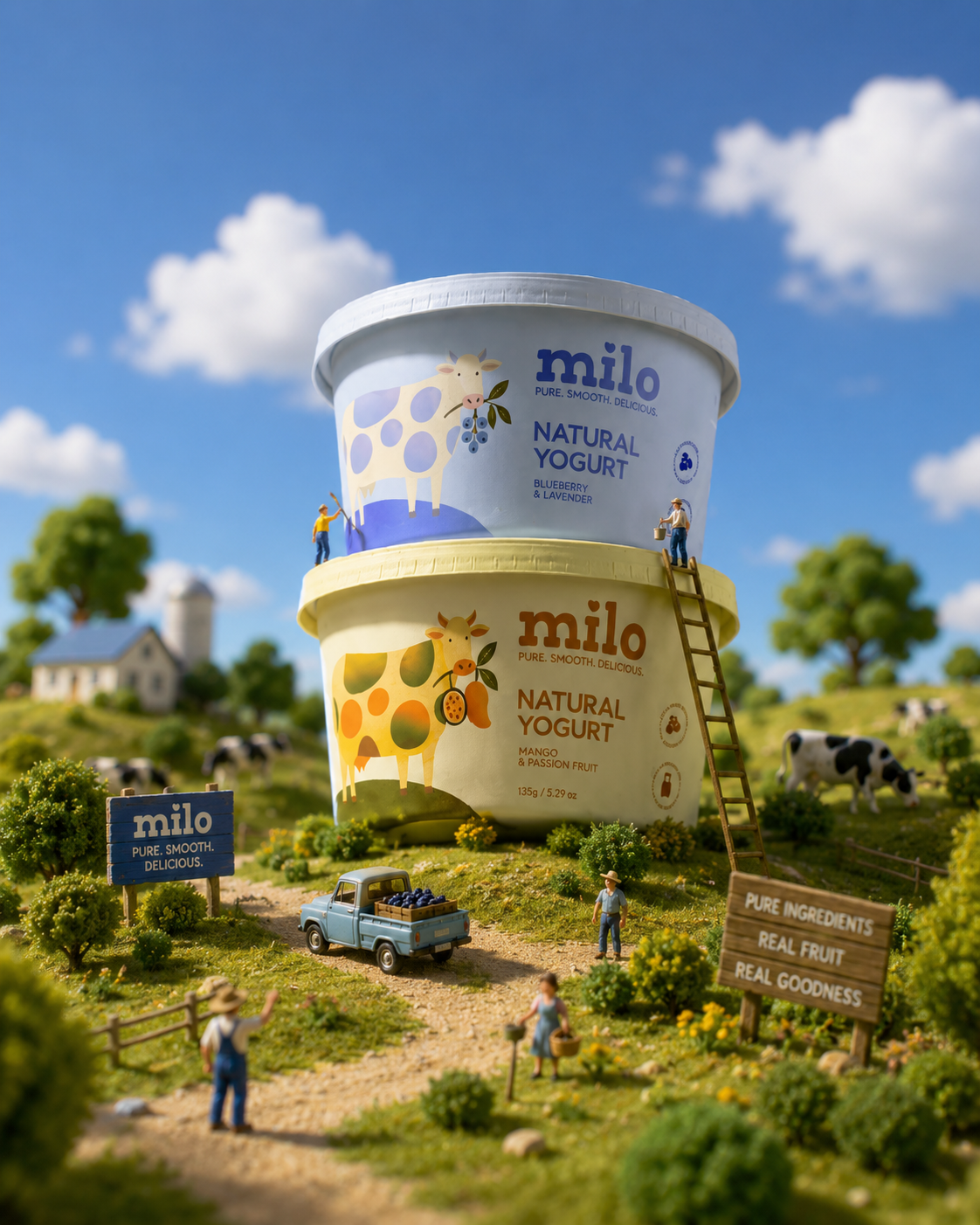 Two yogurt tubs towering over a miniature model farm, generated with the ChatGPT /miniatureworld command