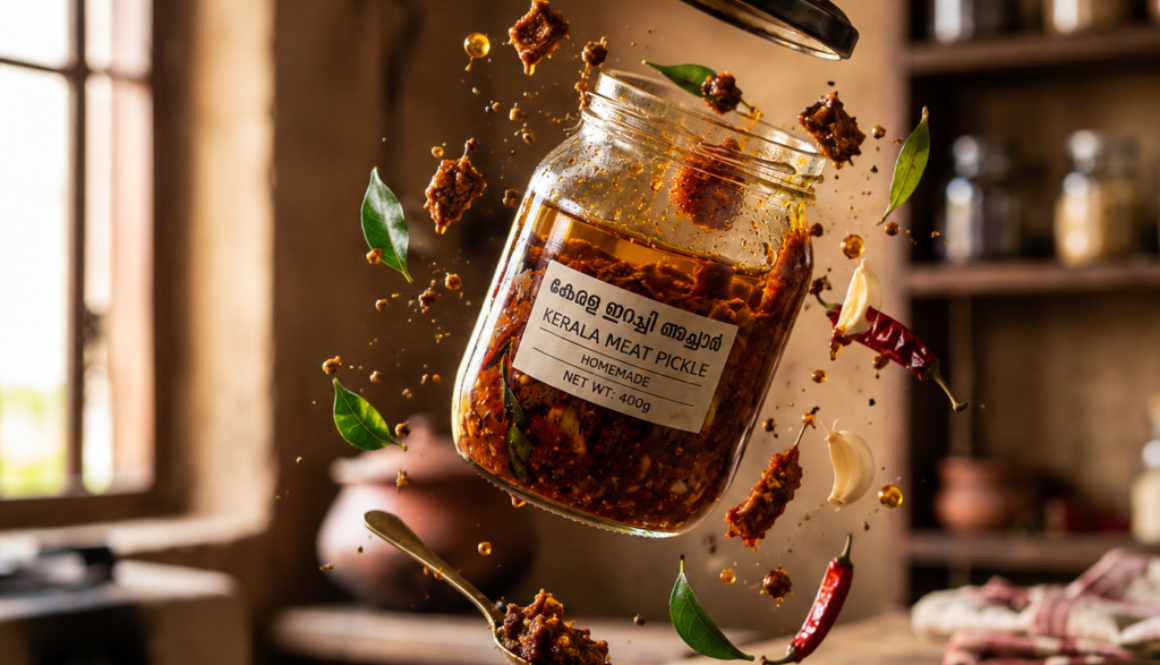 Kerala meat pickle jar floating mid-air with spices and curry leaves, made with the ChatGPT /gravitydefying command