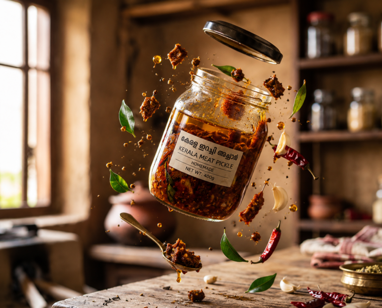Kerala meat pickle jar floating mid-air with spices and curry leaves, made with the ChatGPT /gravitydefying command