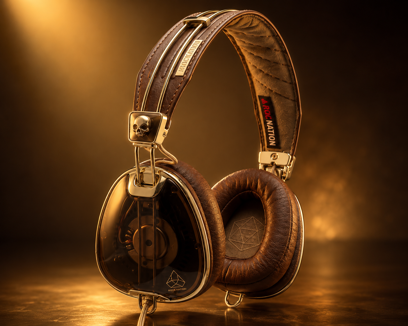 Gold and leather headphones lit like a film poster, generated with the ChatGPT /producthero command