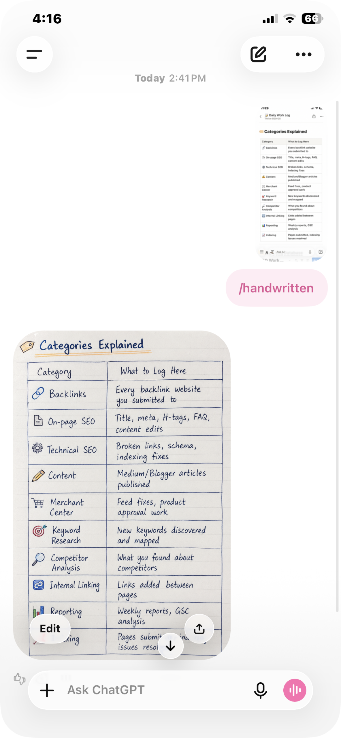 ChatGPT screenshot showing an image uploaded with only the command /handwritten typed under it and no prompt, returning handwritten notes