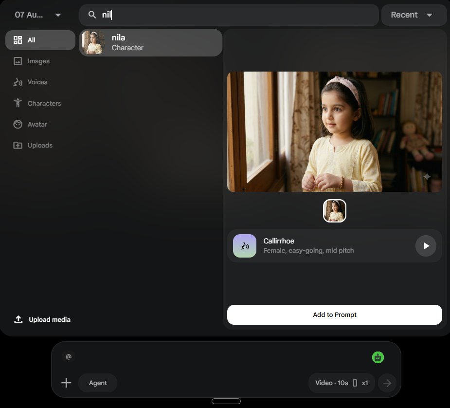 Typing @ in the Google Flow prompt box to mention a saved character named nila, with its image and assigned voice shown before Add to Prompt