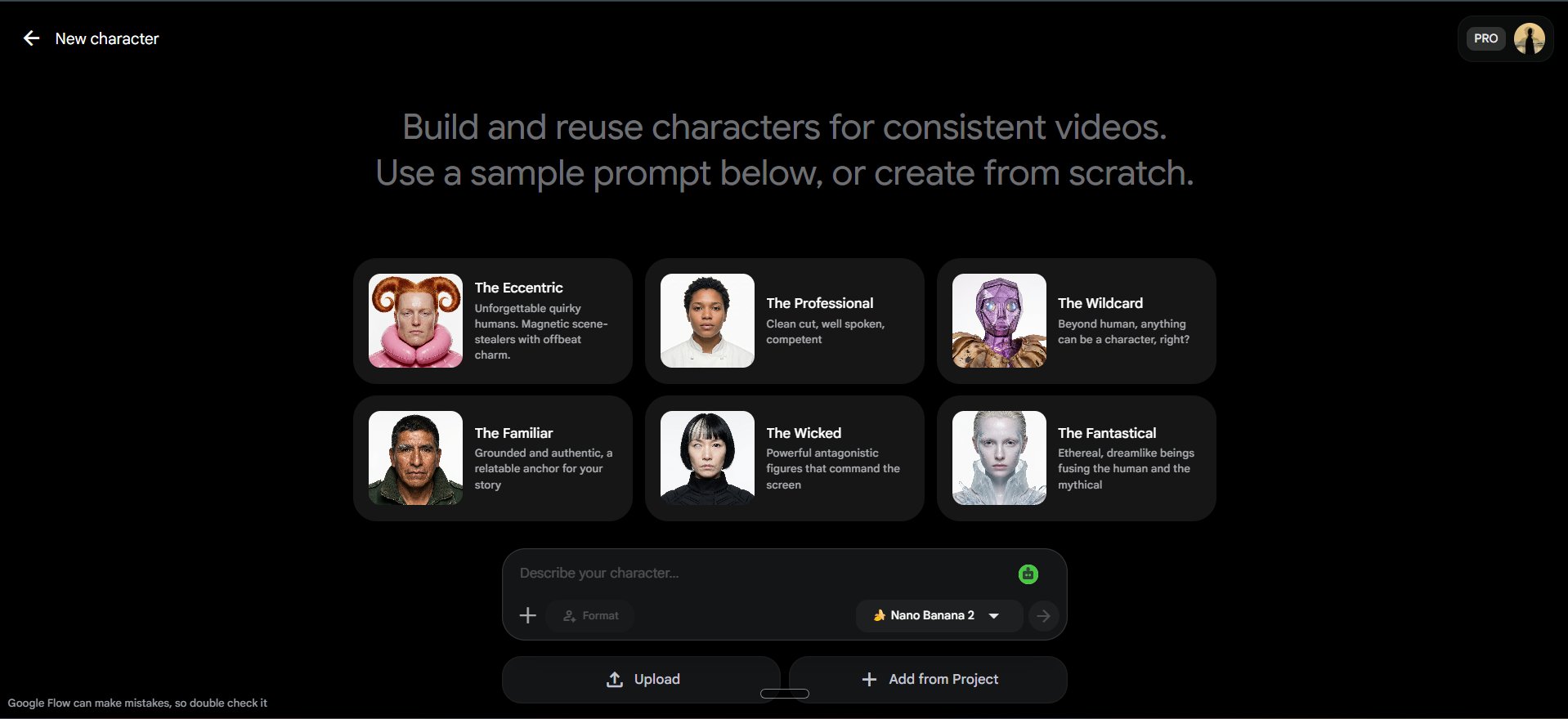 Google Flow New character screen with sample character archetypes and the Describe your character prompt box