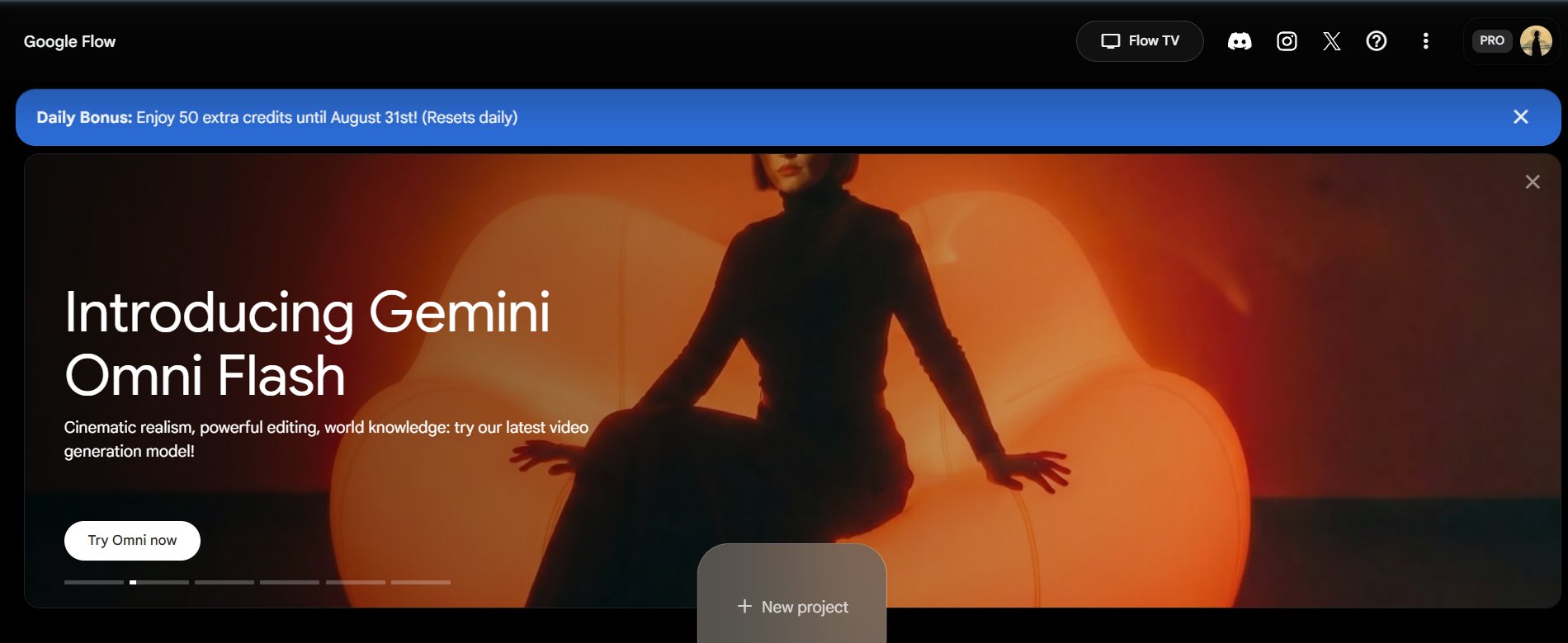 Google Flow dashboard home screen with the New Project button in the centre