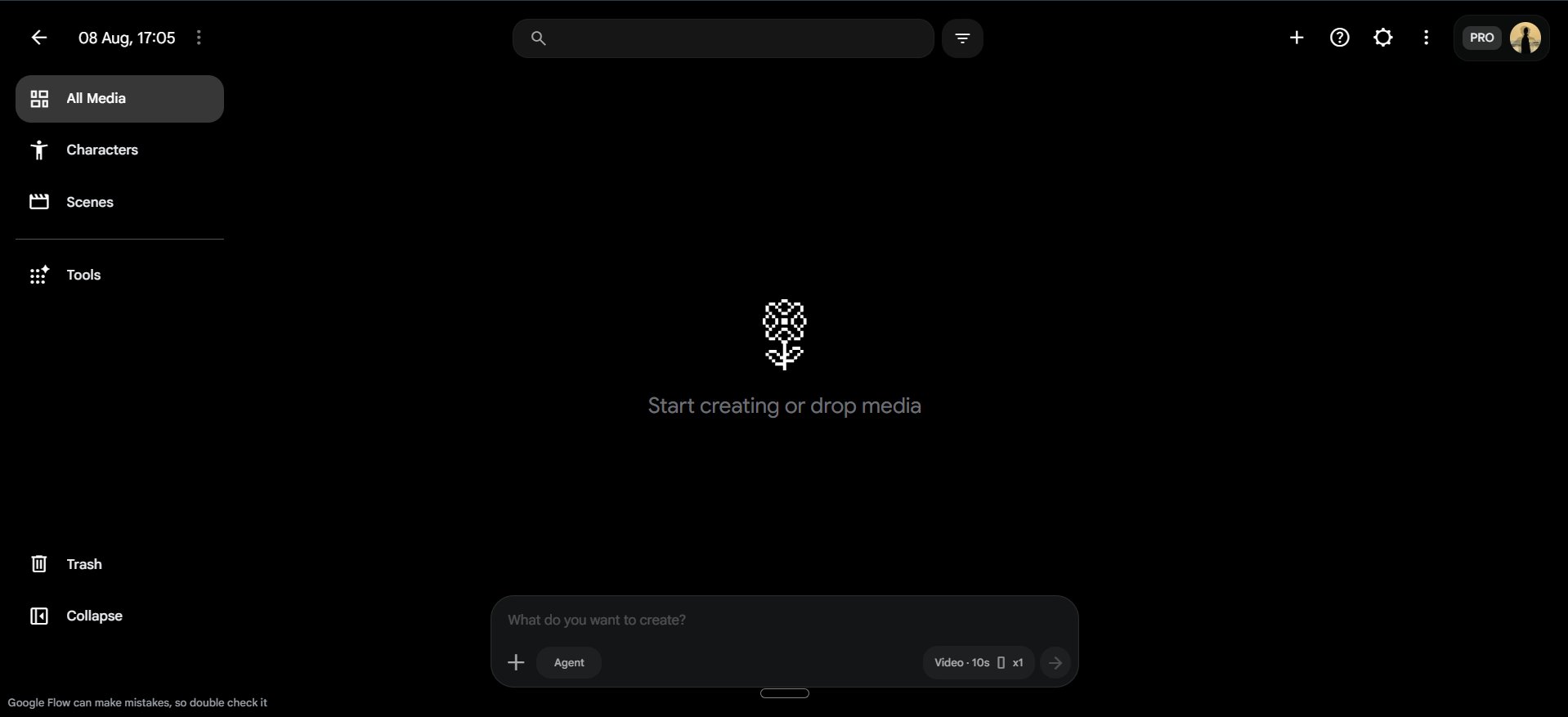 Google Flow project workspace showing the Characters tab in the left sidebar and the What do you want to create prompt box at the bottom