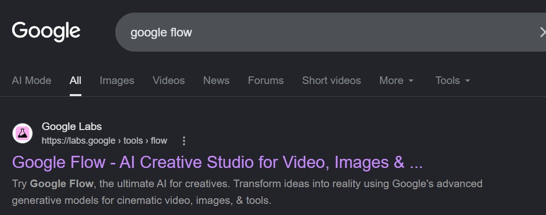 Google search results for google flow showing the official labs.google/tools/flow link as the first result