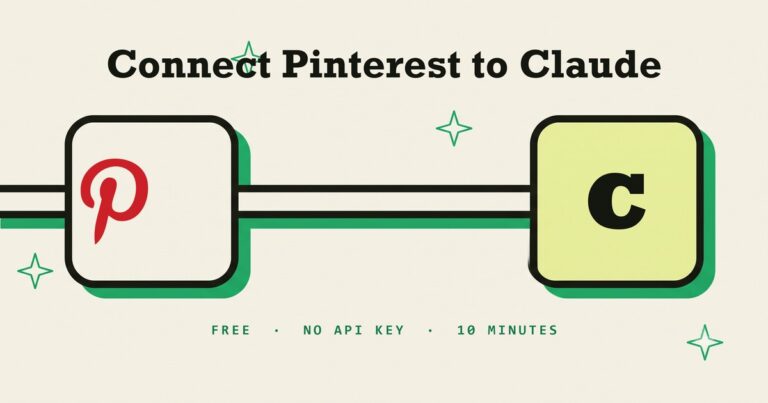 Pinterest logo connected by a cable to Claude AI, illustrating the free Pinterest MCP server setup