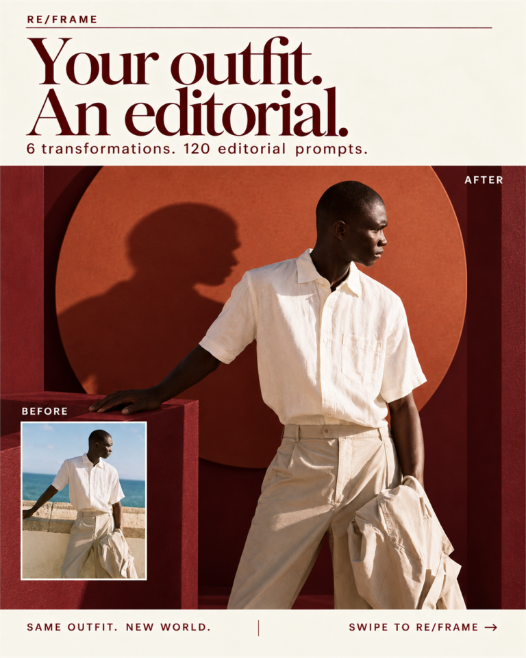 Editorial cover featuring a man in a cream outfit against a burgundy studio set