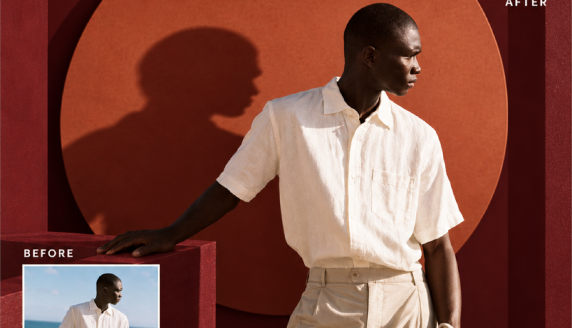 Editorial cover featuring a man in a cream outfit against a burgundy studio set