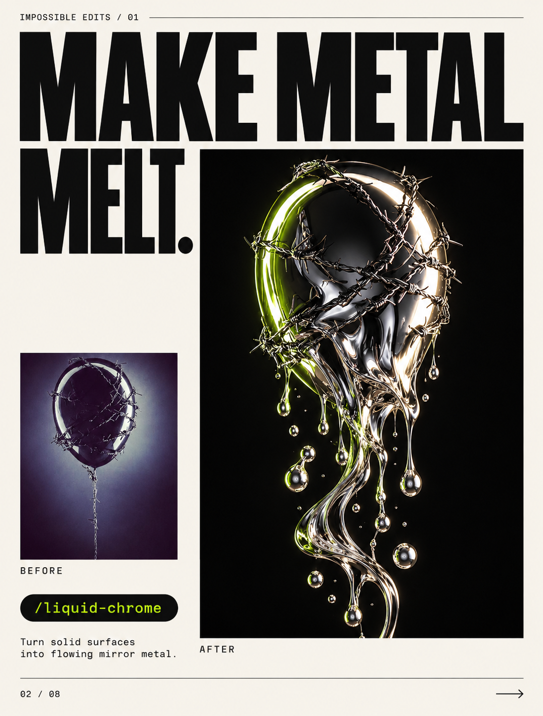 Before-and-after artwork showing a metallic object transformed into liquid chrome