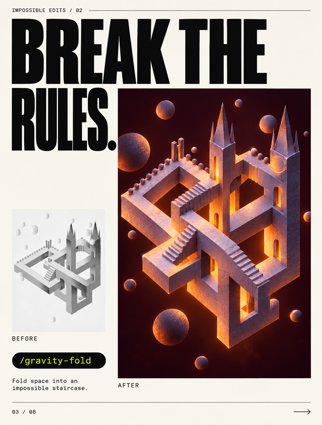 Before-and-after artwork showing an architectural sculpture transformed into impossible stairs