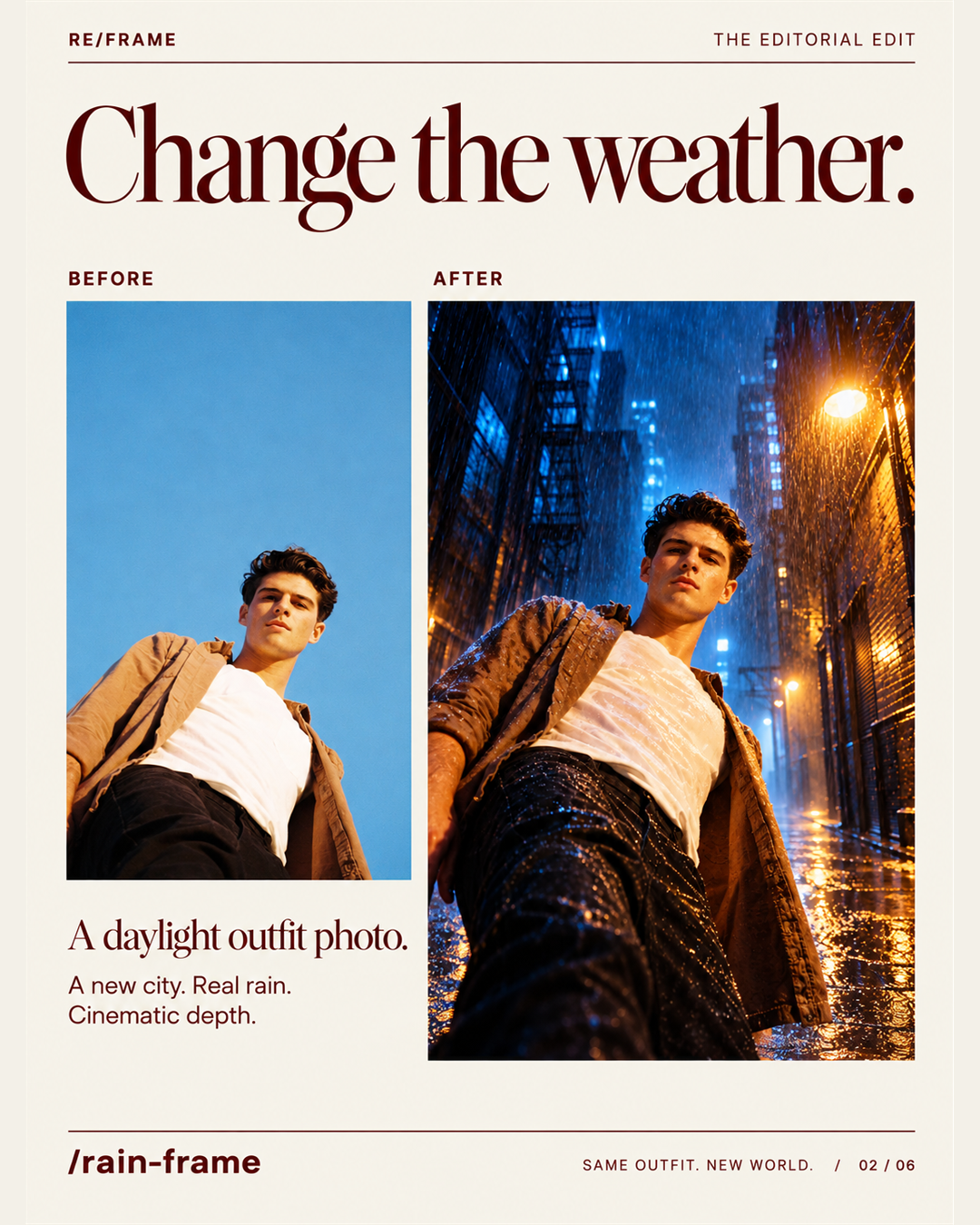 Before-and-after menswear photo edited into a rainy blue-and-amber alley