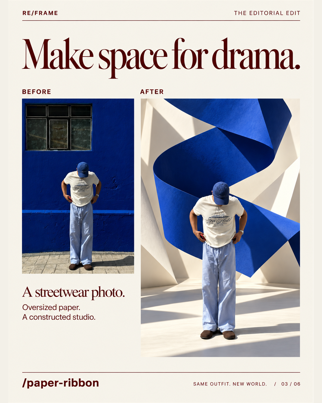 Before-and-after outfit photo edited into a monumental white paper installation
