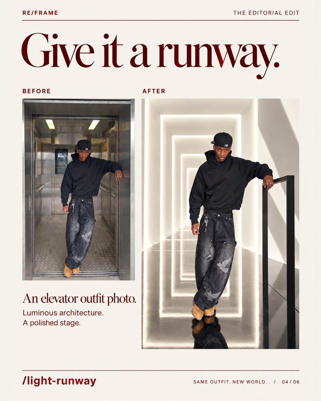 Before-and-after fashion photo edited onto a luminous geometric runway