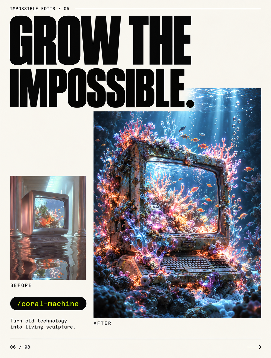 Before-and-after artwork showing a vintage computer transformed into an underwater coral sculpture