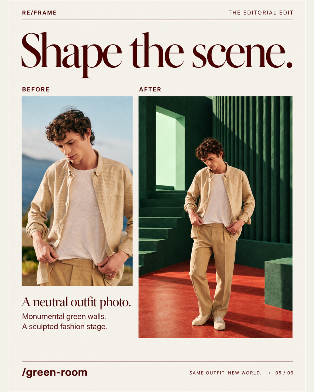 Before-and-after outfit photo edited into a sculptural green studio set